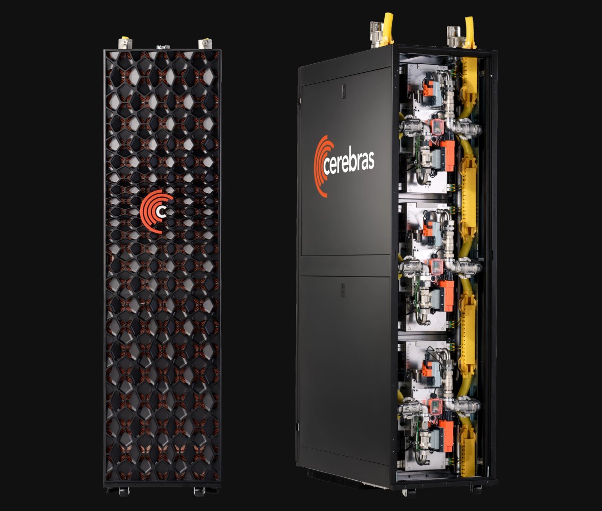 Cerebras CS-4 rack-scale system with front and open-back views